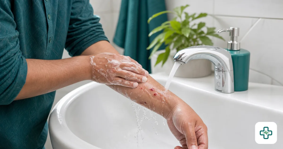 A person washing a dog-bite wound on the forearm under running tap water with soap as first aid