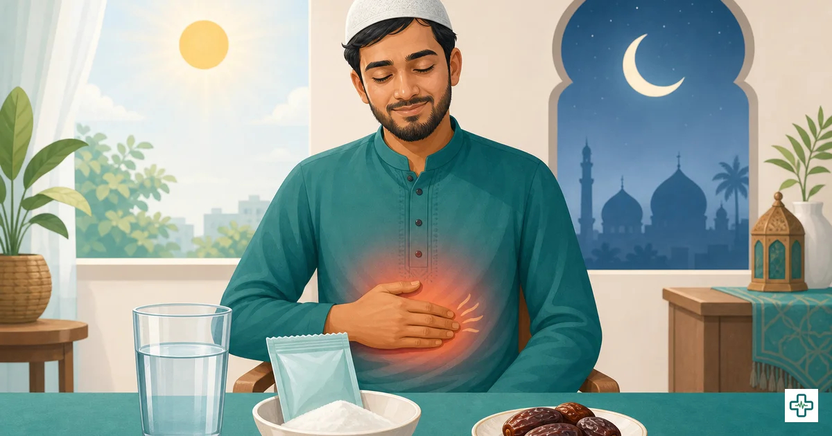 A fasting person easing stomach discomfort with a glass of water, oral saline and dates