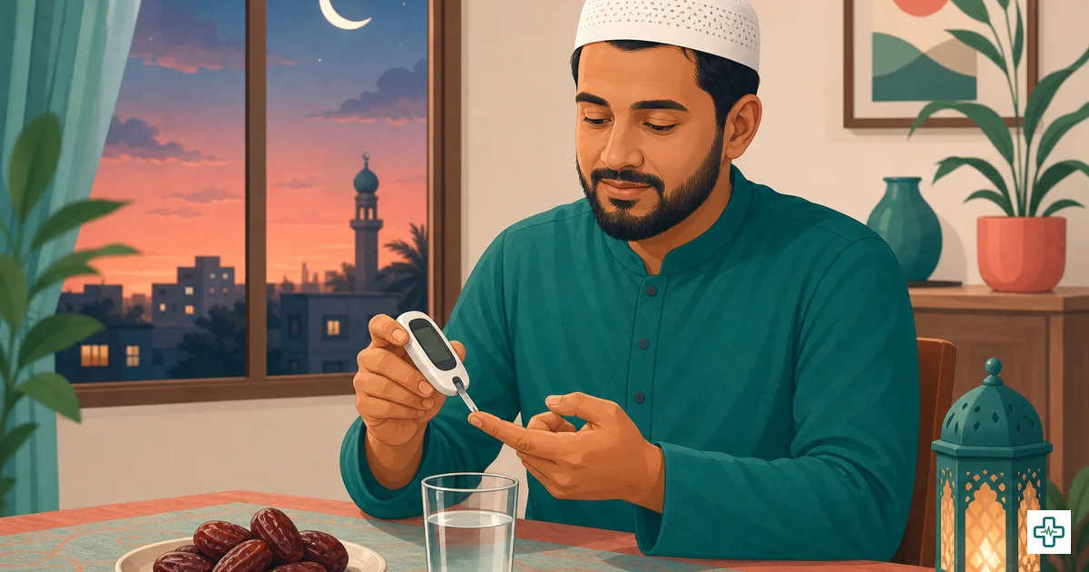 A person with diabetes checking blood glucose before iftar with dates and water on the table