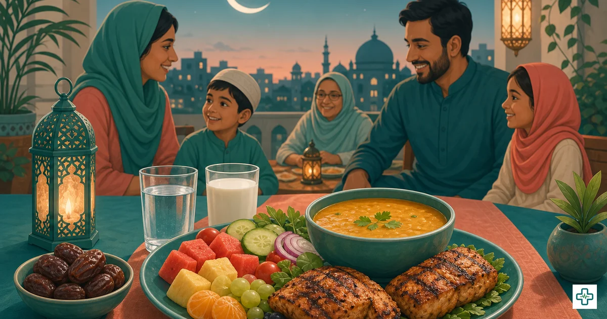 A balanced iftar plate with dates, fruit, lentil soup and grilled food instead of fried items
