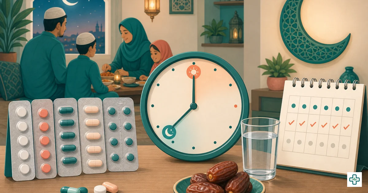 A medicine strip and a clock showing sehri and iftar times with dates and a glass of water