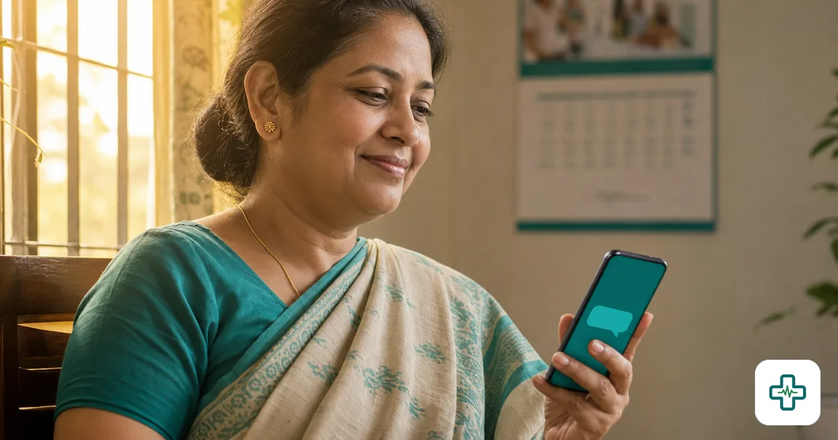 Bangladeshi patient reading an SMS appointment reminder on her phone at home to avoid a missed visit