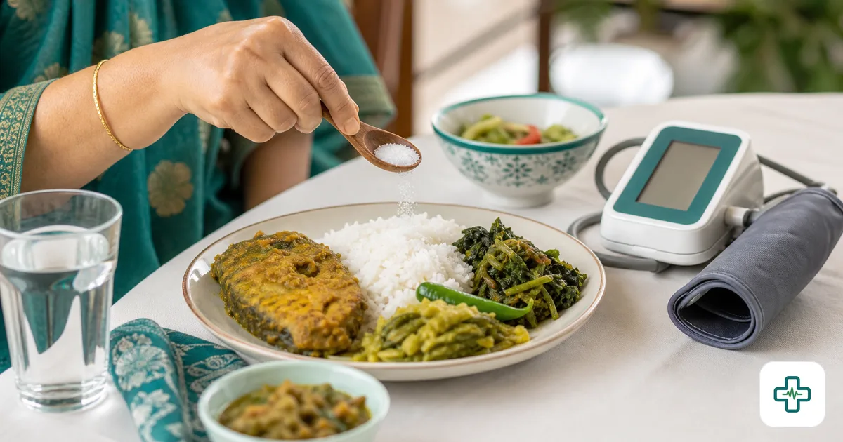 A hand sprinkling white salt from a wooden spoon over a plate of Bangladeshi rice and curry, with a blood pressure monitor on the table