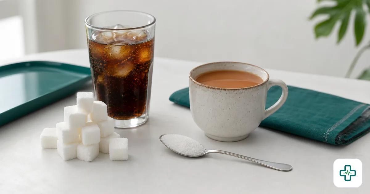 A photorealistic image of sugar cubes and a glass of cola beside a cup of tea with a spoon of sugar, illustrating hidden sugar in everyday drinks