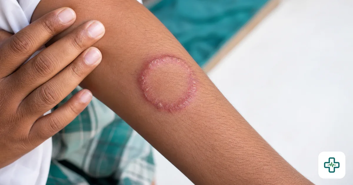 A photorealistic close-up of a red, ring-shaped scaly rash with a raised border on a person's forearm, with clearer skin in the centre, under soft natural light