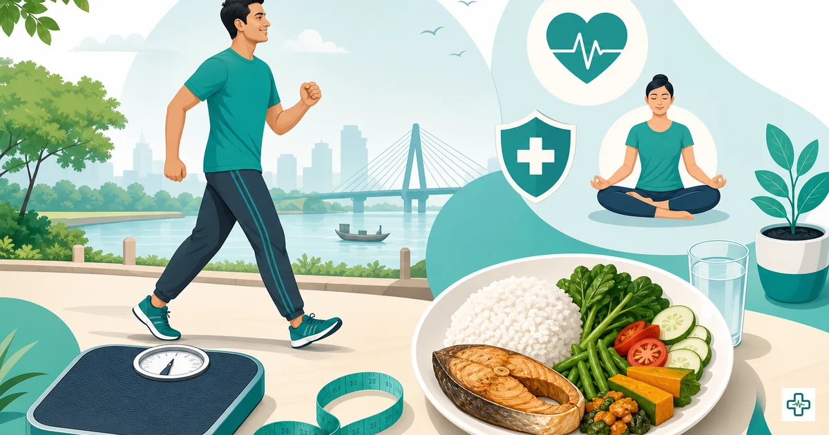 Illustration of a balanced Bangladeshi food plate with vegetables, fish and rice
