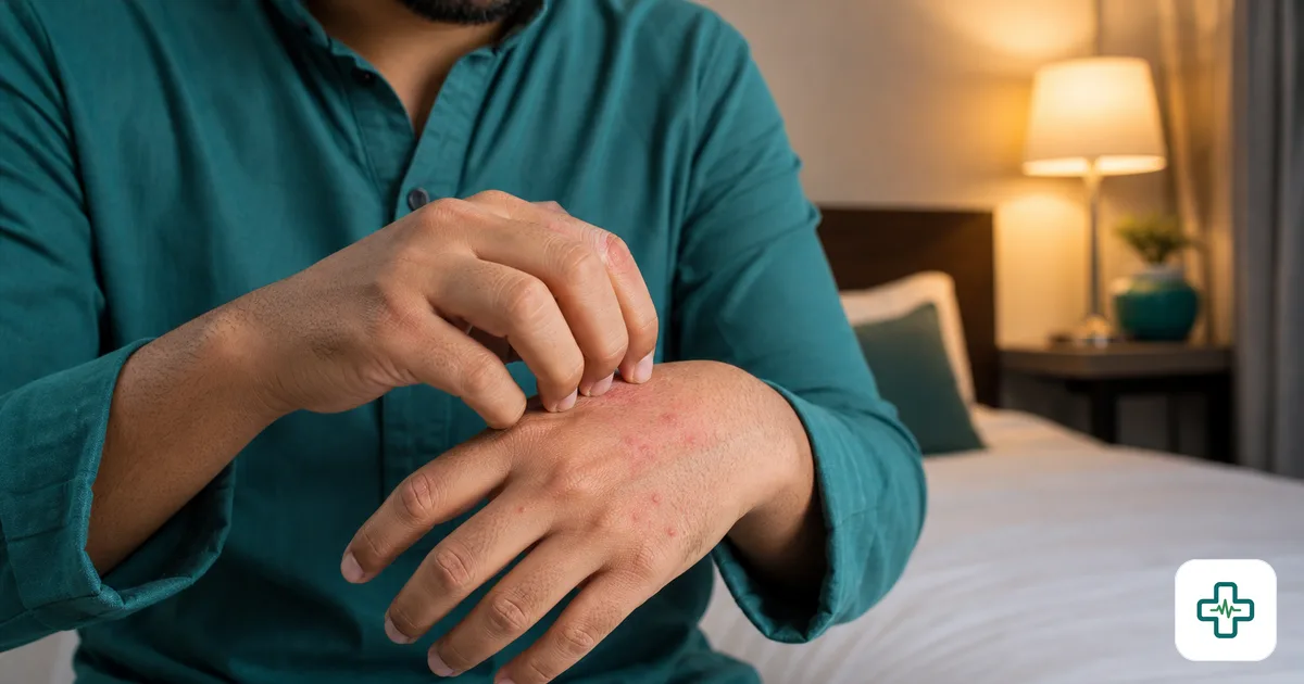 A photorealistic close-up of a person scratching the back of their hand and between the fingers at night, with reddish bumps visible on the skin and a softly lit bedroom in the background