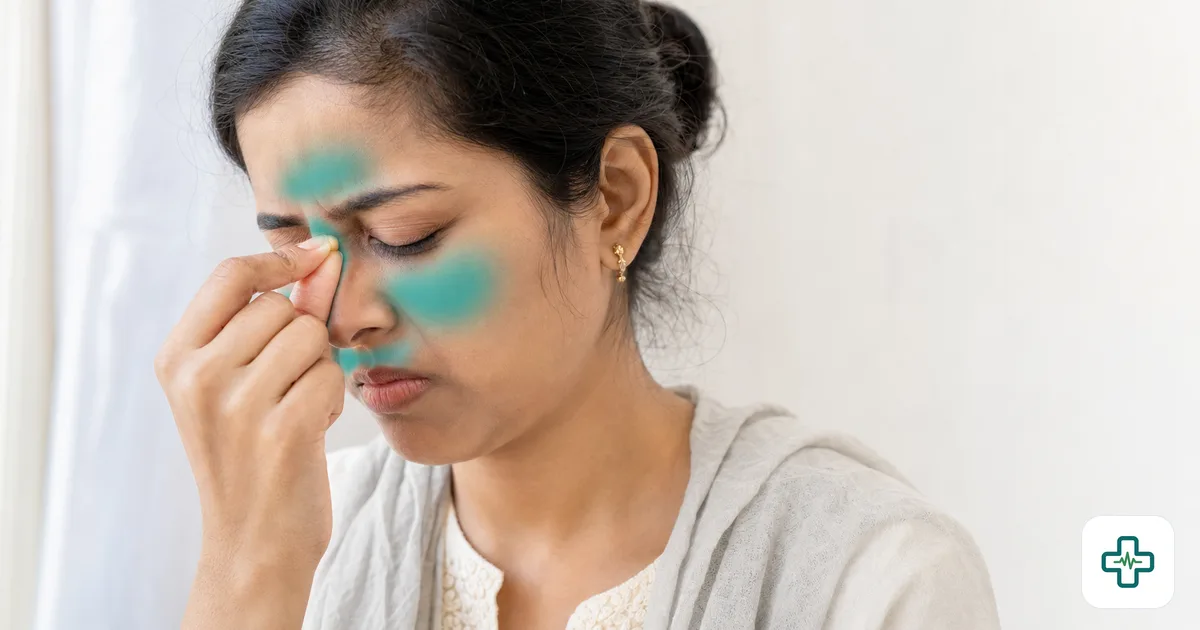 A photorealistic close-up of a young woman pinching the bridge of her nose with a pained expression, sinus pressure points highlighted across her cheeks and forehead