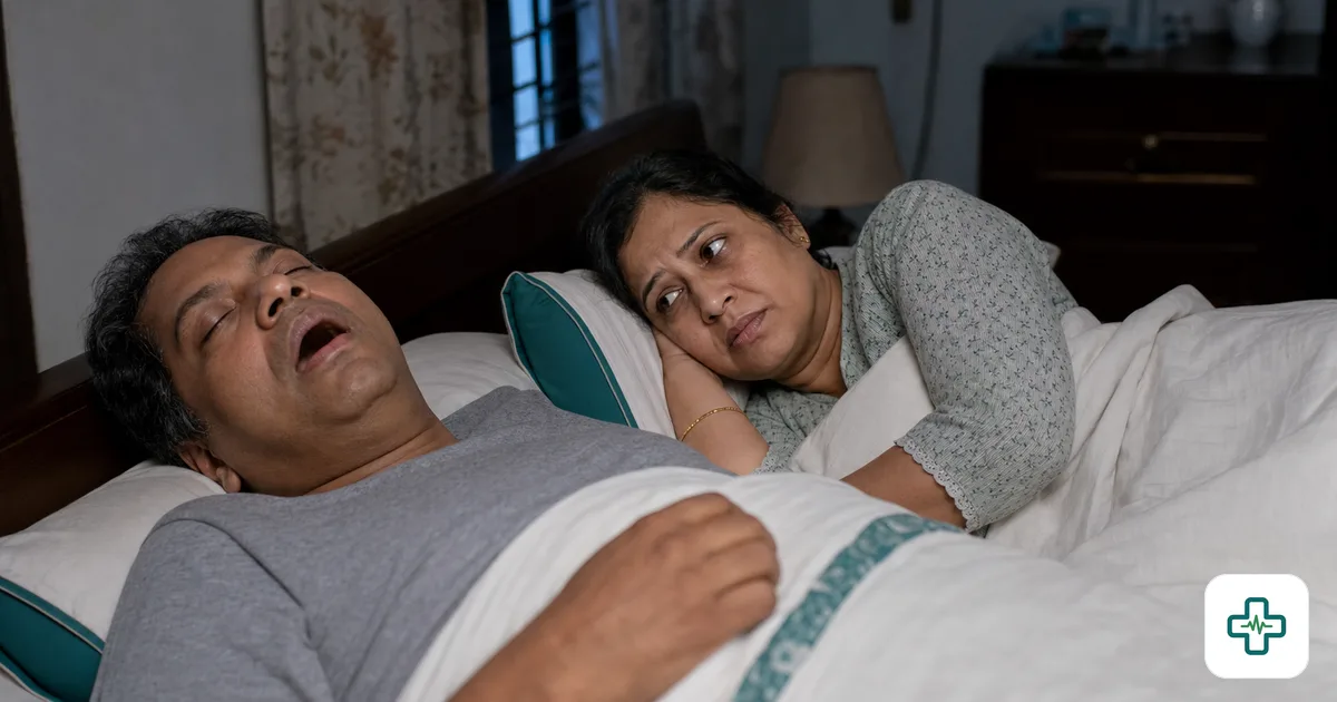 A tired middle-aged South Asian man asleep on his back snoring with mouth open while his partner lies awake beside him in a dimly lit bedroom