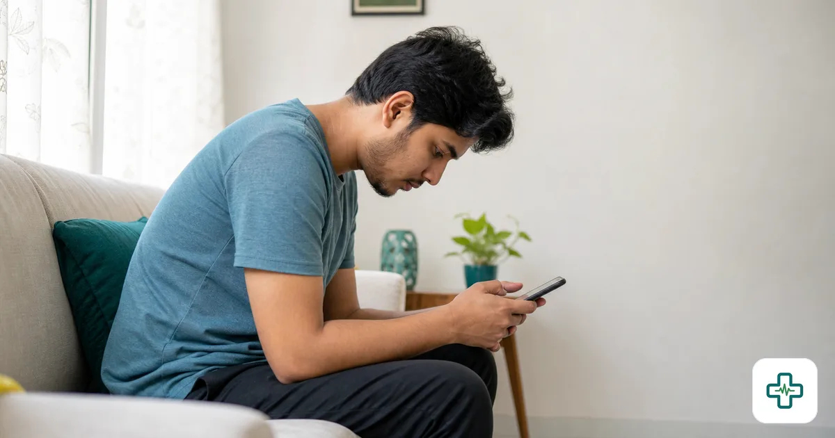 Photorealistic side view of a young Bangladeshi person hunched forward looking down at a smartphone, highlighting the strained forward neck posture of tech neck