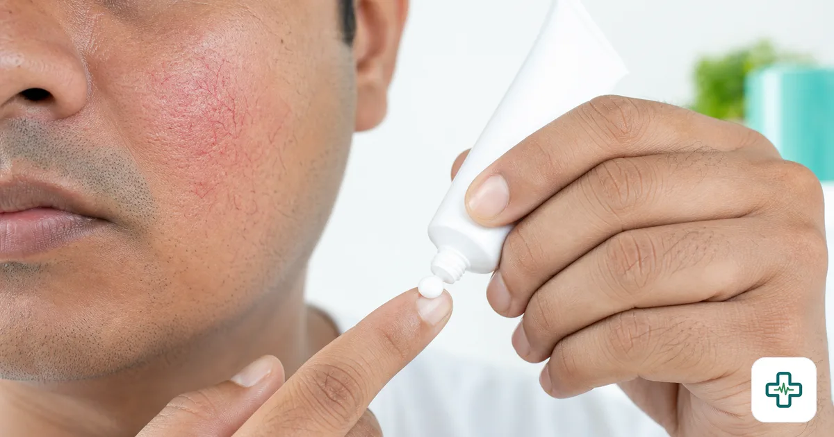 Close-up of a hand squeezing a tube of skin cream onto a fingertip beside a cheek showing thin reddened skin with visible blood vessels