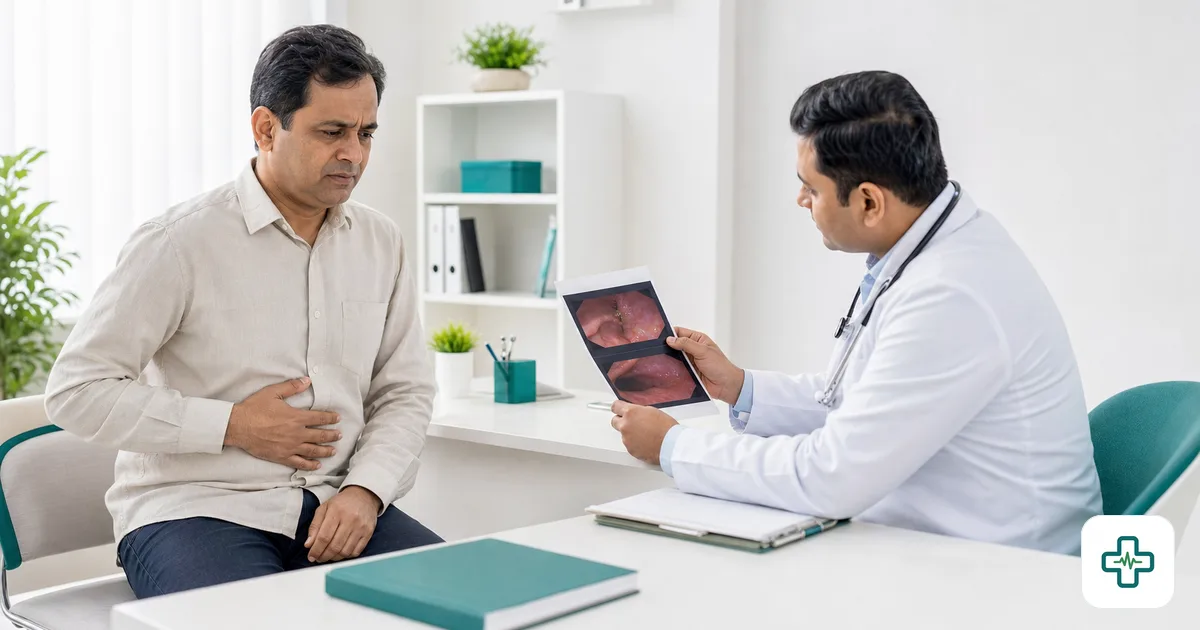 A middle-aged Bangladeshi man holding his upper abdomen with discomfort while a doctor reviews an endoscopy report at a clinic desk