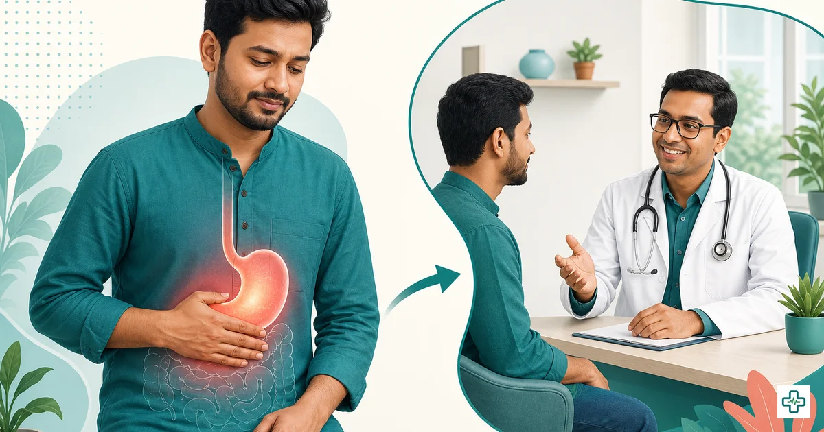 A photorealistic image of a worried Bangladeshi man holding his stomach in pain, illustrating gastric and stomach problems and which doctor to see in Bangladesh