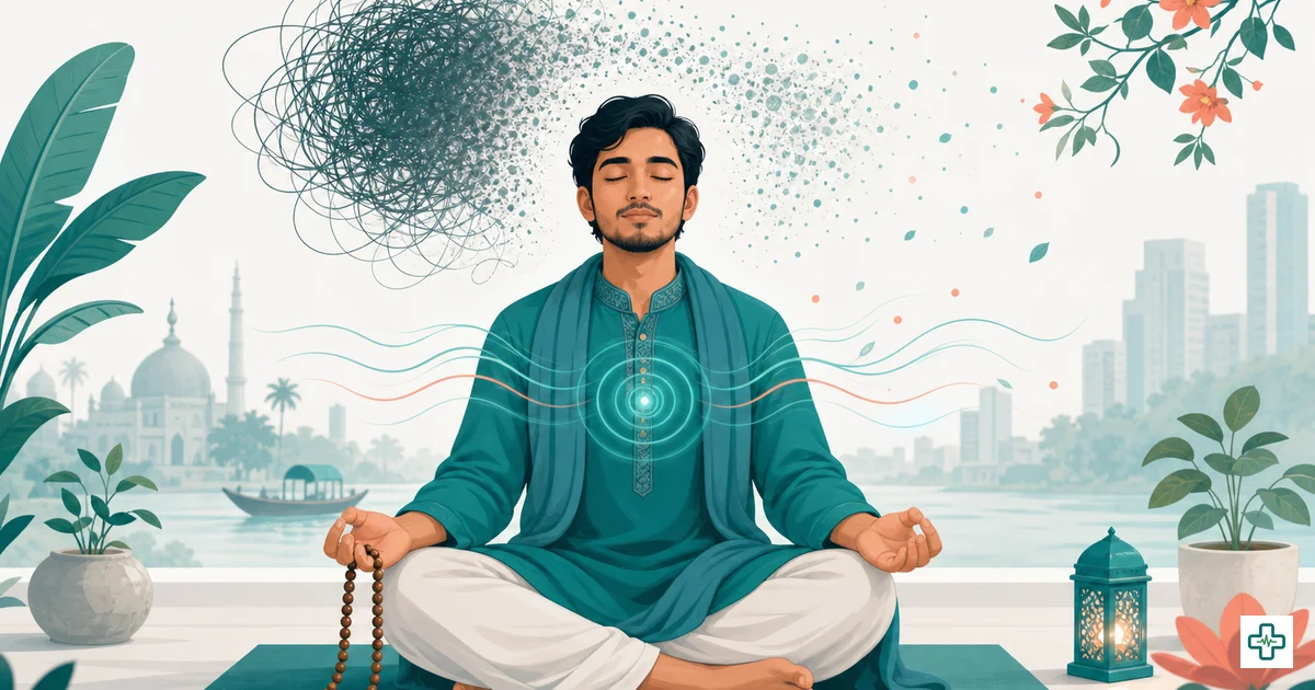 Illustration of a calm person doing breathing exercises to relieve everyday stress