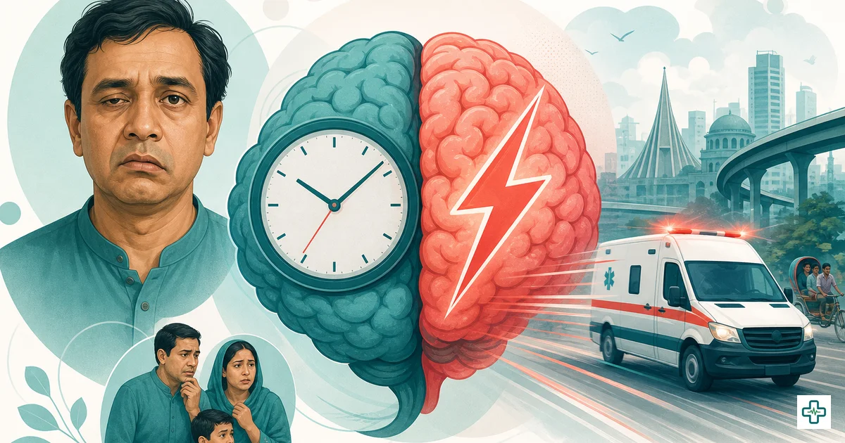Illustration of the F.A.S.T. stroke signs with a drooping face and weak arm