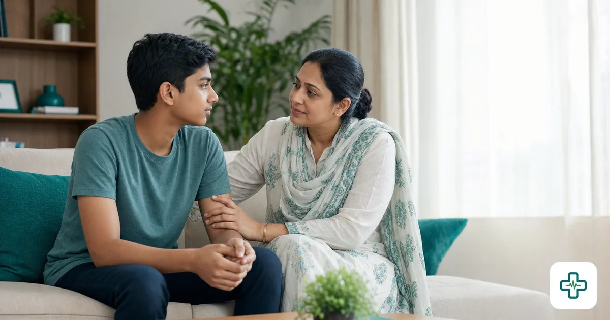 A parent sitting beside their teenage child on a sofa, listening attentively and offering gentle support during a heartfelt conversation