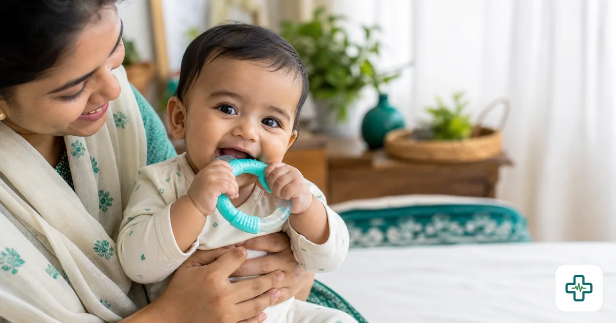 A smiling baby chewing on a clean rubber teething ring while a parent gently holds them, soft natural light in a cozy home