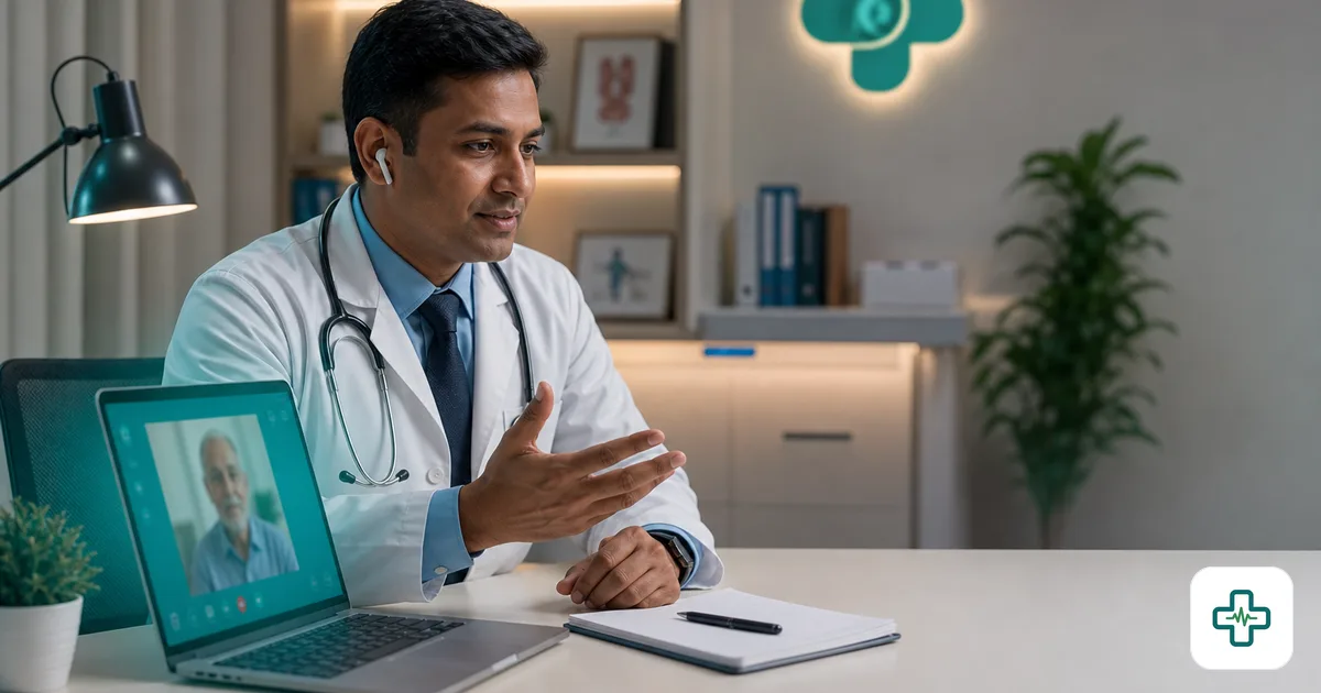 Bangladeshi doctor conducting a telemedicine video consultation with a patient from the chamber
