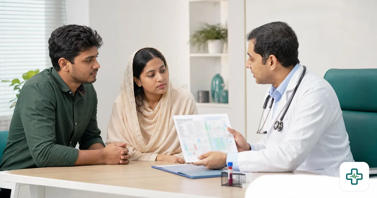 A young couple receiving genetic counselling from a doctor holding a blood test report, with a vial of blood on the desk in a calm clinic setting