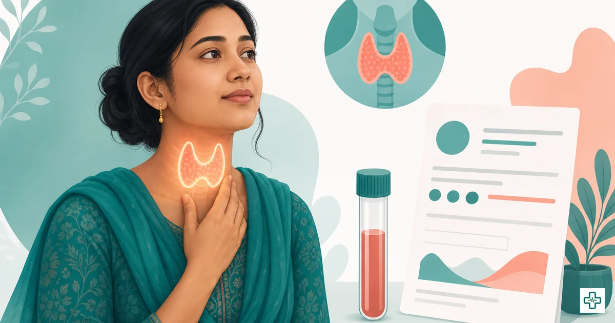 Illustration of a woman holding her neck showing the butterfly-shaped thyroid gland