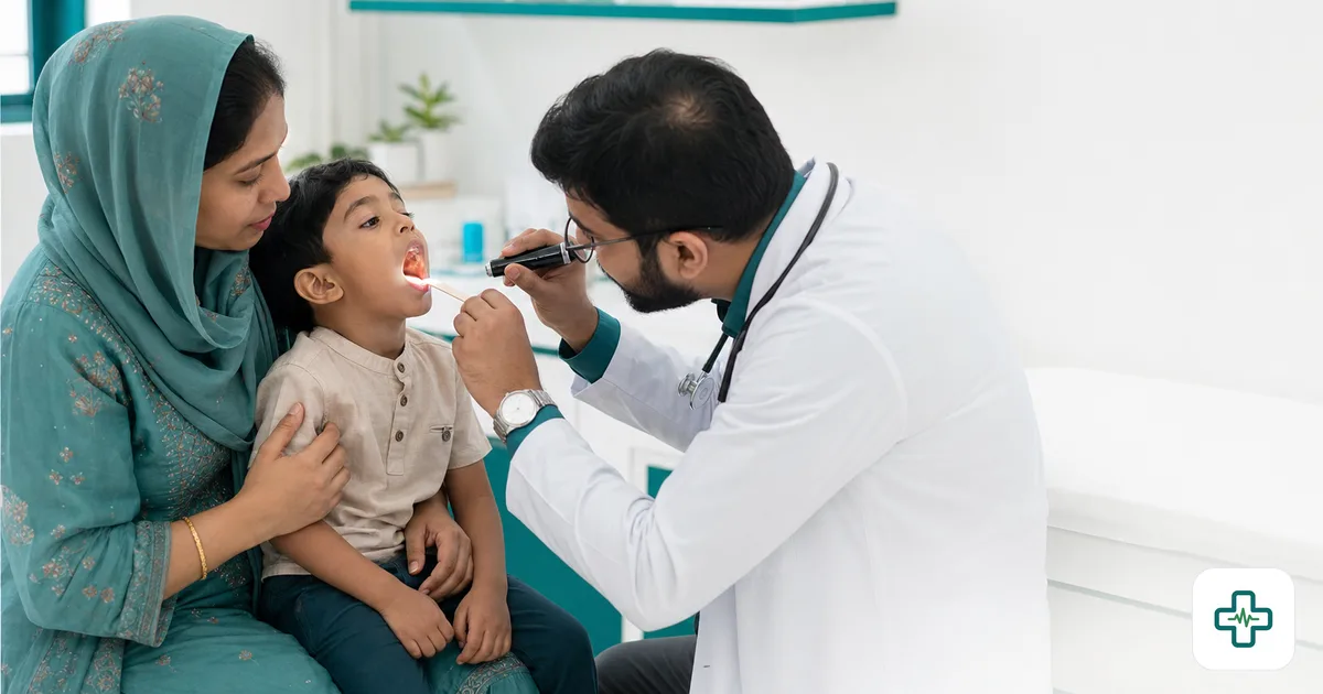 A photorealistic image of a doctor using a wooden tongue depressor and light to examine the red, swollen throat of a young child sitting on a parent's lap