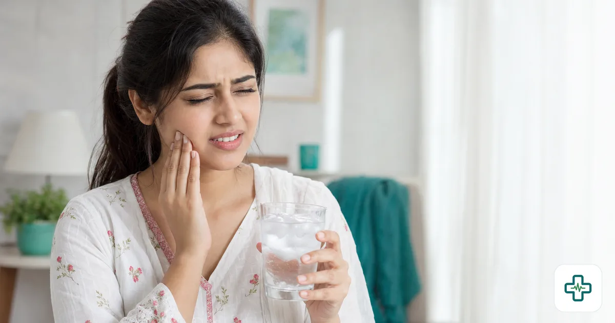 A photorealistic close-up of a young woman wincing and touching her cheek while holding a glass of iced water, showing tooth sensitivity to cold