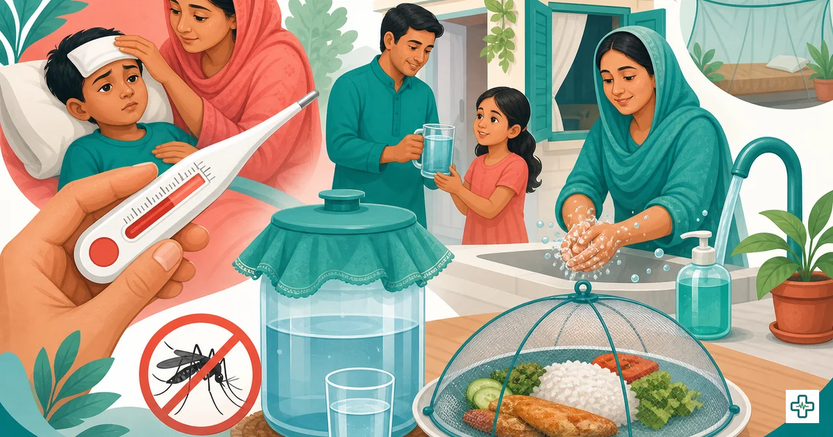 Illustration of typhoid fever spreading through contaminated water and street food with a thermometer