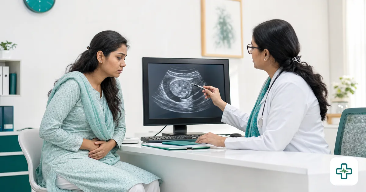 Photorealistic image of a tired-looking woman holding her lower abdomen while a doctor points to a uterine fibroid on an ultrasound image in a clinic