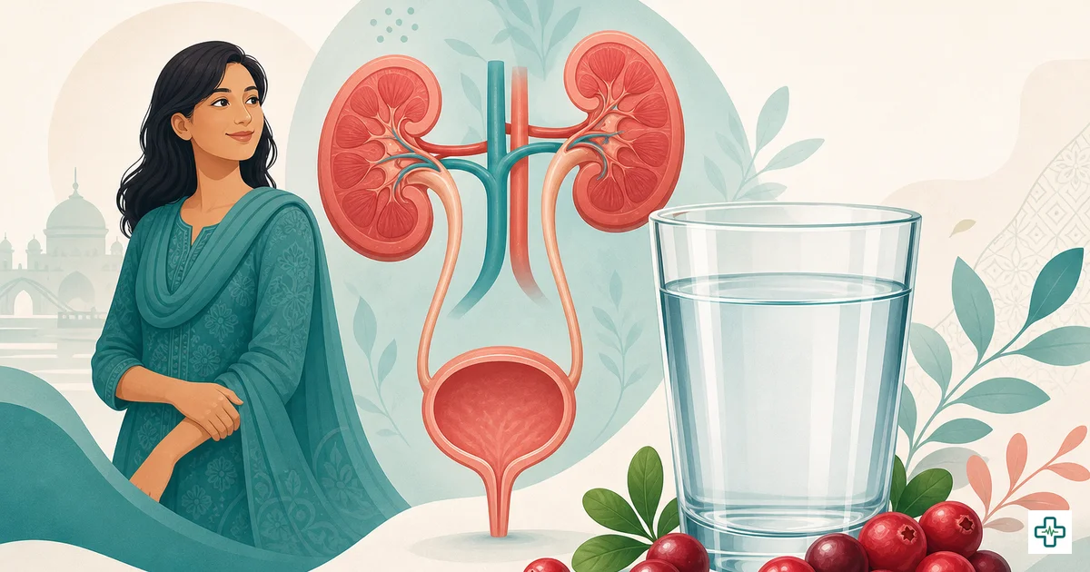 Illustration of a Bangladeshi woman drinking water to prevent urinary tract infection