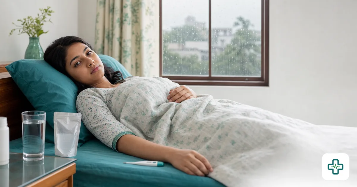 A young woman resting in bed under the monsoon with a thermometer, a glass of water and oral saline on the bedside table