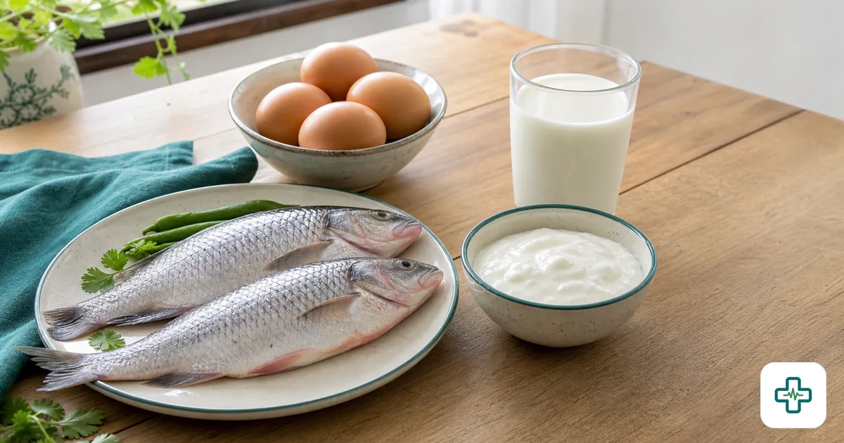 A wooden table arranged with vitamin B12-rich foods including fresh fish, eggs, a glass of milk and yogurt in natural light