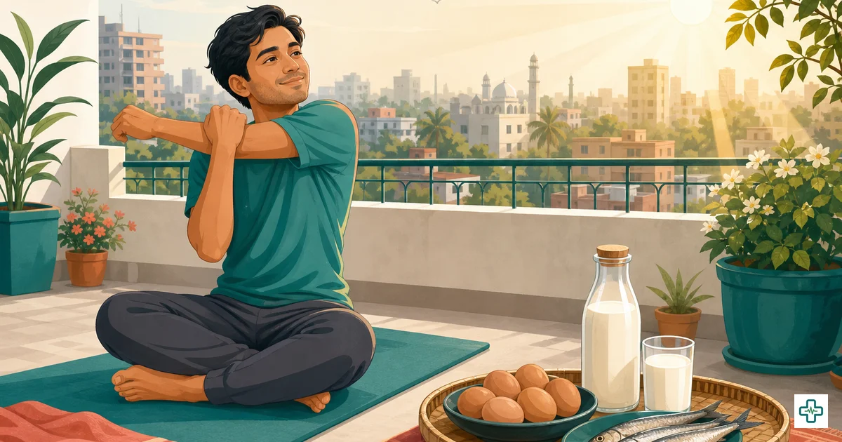 Illustration of sunlight, small fish, eggs and supplements as vitamin D sources