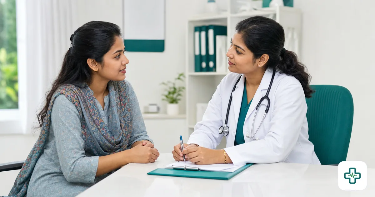 A photorealistic image of a young Bangladeshi woman speaking privately with a female doctor in a calm clinic consultation room
