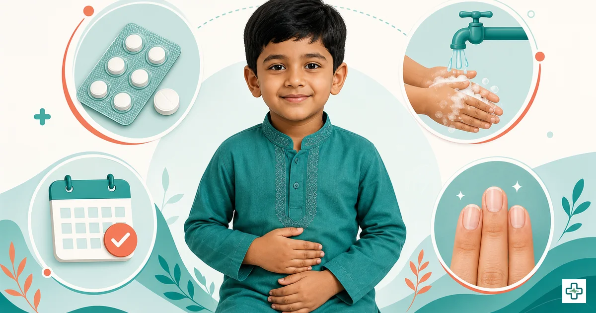 Illustration of a Bangladeshi child washing hands to prevent worm infection